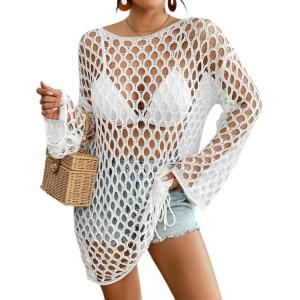 imageBsubseach Crochet Swimsuit Coverup for Women Long Sleeve Swim Cover Up Hollow Out Knitted Bikini BeachwearWhite