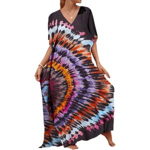 imageBsubseach Kaftan Dresses for Women Plus Size Tie Dye Batwing Sleeve Caftans Swimsuit Coverup Maxi Dress LoungewearBlack Tie Dye