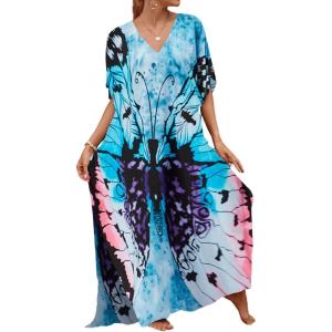 imageBsubseach Kaftan Dresses for Women Plus Size Tie Dye Batwing Sleeve Caftans Swimsuit Coverup Maxi Dress LoungewearBlue