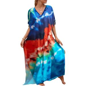 imageBsubseach Kaftan Dresses for Women Plus Size Tie Dye Batwing Sleeve Caftans Swimsuit Coverup Maxi Dress LoungewearBlue Orange
