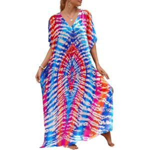 imageBsubseach Kaftan Dresses for Women Plus Size Tie Dye Batwing Sleeve Caftans Swimsuit Coverup Maxi Dress LoungewearBlue Red