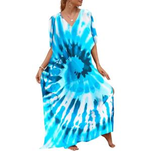 imageBsubseach Kaftan Dresses for Women Plus Size Tie Dye Batwing Sleeve Caftans Swimsuit Coverup Maxi Dress LoungewearBlue Swirls