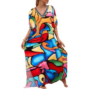 imageBsubseach Kaftan Dresses for Women Plus Size Tie Dye Batwing Sleeve Caftans Swimsuit Coverup Maxi Dress LoungewearColorful Block
