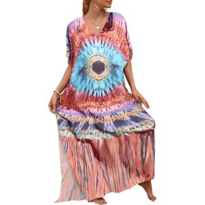 imageBsubseach Kaftan Dresses for Women Plus Size Tie Dye Batwing Sleeve Caftans Swimsuit Coverup Maxi Dress LoungewearColorful Circles