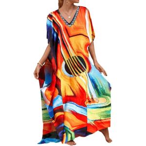 imageBsubseach Kaftan Dresses for Women Plus Size Tie Dye Batwing Sleeve Caftans Swimsuit Coverup Maxi Dress LoungewearColorful Guitar
