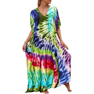 imageBsubseach Kaftan Dresses for Women Plus Size Tie Dye Batwing Sleeve Caftans Swimsuit Coverup Maxi Dress LoungewearGreen