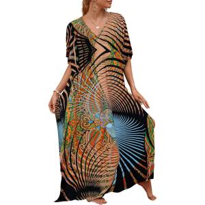 imageBsubseach Kaftan Dresses for Women Plus Size Tie Dye Batwing Sleeve Caftans Swimsuit Coverup Maxi Dress LoungewearKhaki Line