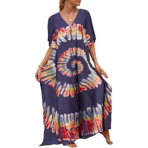 imageBsubseach Kaftan Dresses for Women Plus Size Tie Dye Batwing Sleeve Caftans Swimsuit Coverup Maxi Dress LoungewearNavy Blue
