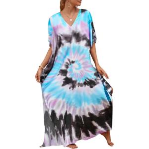 imageBsubseach Kaftan Dresses for Women Plus Size Tie Dye Batwing Sleeve Caftans Swimsuit Coverup Maxi Dress LoungewearPink Blue Black