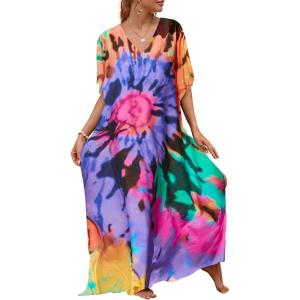 imageBsubseach Kaftan Dresses for Women Plus Size Tie Dye Batwing Sleeve Caftans Swimsuit Coverup Maxi Dress LoungewearPurple Print