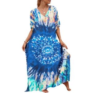 imageBsubseach Kaftan Dresses for Women Plus Size Tie Dye Batwing Sleeve Caftans Swimsuit Coverup Maxi Dress LoungewearSunflower