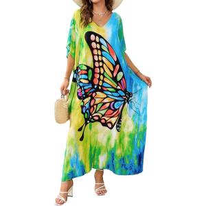 imageBsubseach Kaftan Dresses for Women Plus Size Tie Dye Batwing Sleeve Caftans Swimsuit Coverup Maxi Dress LoungewearYellow Green