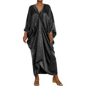 imageBsubseach Kaftan Dresses for Women Satin VNeck Caftans Coverups Long Dress Plus Size Beach Cover UpBlack