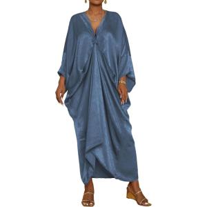 imageBsubseach Kaftan Dresses for Women Satin VNeck Caftans Coverups Long Dress Plus Size Beach Cover UpBlue