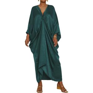 imageBsubseach Kaftan Dresses for Women Satin VNeck Caftans Coverups Long Dress Plus Size Beach Cover UpDark Green