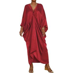 imageBsubseach Kaftan Dresses for Women Satin VNeck Caftans Coverups Long Dress Plus Size Beach Cover UpRed