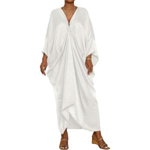 imageBsubseach Kaftan Dresses for Women Satin VNeck Caftans Coverups Long Dress Plus Size Beach Cover UpWhite