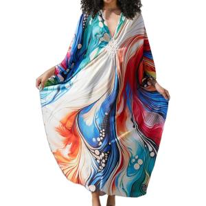 imageBsubseach Kaftan Dress for Swimwear Women Plus Size Bathing Suit Cover Up Beach RobeColourful Abstract