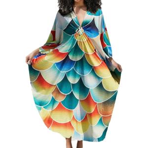 imageBsubseach Kaftan Dress for Swimwear Women Plus Size Bathing Suit Cover Up Beach RobeFish Scale Pattern
