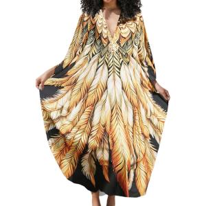 imageBsubseach Kaftan Dress for Swimwear Women Plus Size Bathing Suit Cover Up Beach RobeGold Feather
