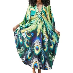 imageBsubseach Kaftan Dress for Swimwear Women Plus Size Bathing Suit Cover Up Beach RobeGreen Peacock Feather