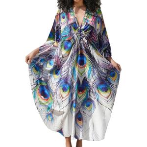 imageBsubseach Kaftan Dress for Swimwear Women Plus Size Bathing Suit Cover Up Beach RobePeacock Feathers