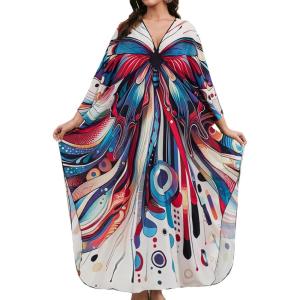 imageBsubseach Kaftan Dresses for Women Long Beach Cover Ups Plus Size Swimsuit Coverup Caftan LoungewearRed Blue Butterfly
