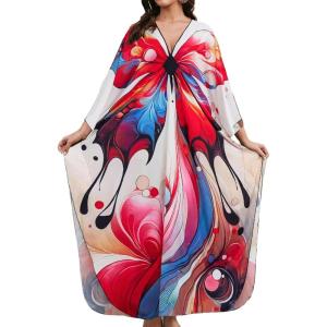 imageBsubseach Kaftan Dresses for Women Long Beach Cover Ups Plus Size Swimsuit Coverup Caftan LoungewearRed Colored Butterfly