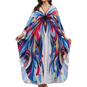 imageBsubseach Kaftan Dresses for Women Long Beach Cover Ups Plus Size Swimsuit Coverup Caftan LoungewearRose Blue Butterfly