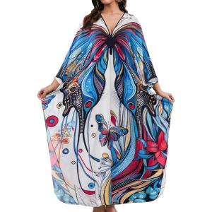 imageBsubseach Kaftan Dresses for Women Long Beach Cover Ups Plus Size Swimsuit Coverup Caftan LoungewearWhite Blue Butterfly