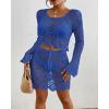 imageBsubseach Crochet Coverups for Women Two Piece Swimsuit Cover Up Hollow Out Knit Skirt Set Beach Outfits with DrawstringBlue