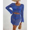 imageBsubseach Crochet Coverups for Women Two Piece Swimsuit Cover Up Hollow Out Knit Skirt Set Beach Outfits with DrawstringBlue