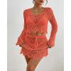 imageBsubseach Crochet Coverups for Women Two Piece Swimsuit Cover Up Hollow Out Knit Skirt Set Beach Outfits with DrawstringOrange
