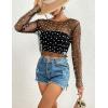 imageBsubseach Sheer Swimsuit Coverup for Women Long Sleeve Pearl Cover up Dress Mesh See Through Crop Blouse ShirtBlack