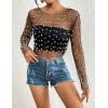 imageBsubseach Sheer Swimsuit Coverup for Women Long Sleeve Pearl Cover up Dress Mesh See Through Crop Blouse ShirtBlack