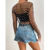 imageBsubseach Sheer Swimsuit Coverup for Women Long Sleeve Pearl Cover up Dress Mesh See Through Crop Blouse ShirtBlack