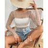imageBsubseach Sheer Swimsuit Coverup for Women Long Sleeve Pearl Cover up Dress Mesh See Through Crop Blouse ShirtWhite
