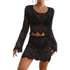 imageBsubseach Crochet Coverups for Women Two Piece Swimsuit Cover Up Hollow Out Knit Skirt Set Beach Outfits with DrawstringBlack