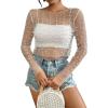 imageBsubseach Sheer Swimsuit Coverup for Women Long Sleeve Pearl Cover up Dress Mesh See Through Crop Blouse ShirtWhite