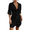 imageBsubseach Womens Swimsuit Cover Up Laper Collar Button Down Beach Dress Pleated Hem Shirt Swimsuit Cover UpBlack