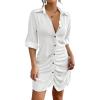 imageBsubseach Womens Swimsuit Cover Up Laper Collar Button Down Beach Dress Pleated Hem Shirt Swimsuit Cover UpWhite