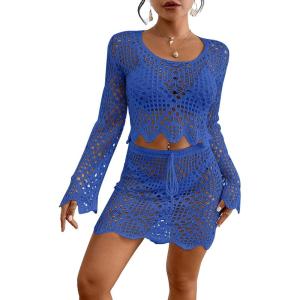 imageBsubseach Crochet Coverups for Women Two Piece Swimsuit Cover Up Hollow Out Knit Skirt Set Beach Outfits with DrawstringBlue