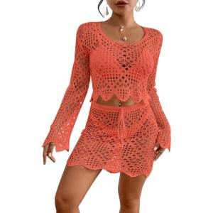 imageBsubseach Crochet Coverups for Women Two Piece Swimsuit Cover Up Hollow Out Knit Skirt Set Beach Outfits with DrawstringOrange