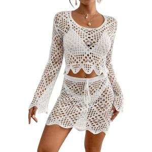 imageBsubseach Crochet Coverups for Women Two Piece Swimsuit Cover Up Hollow Out Knit Skirt Set Beach Outfits with DrawstringWhite