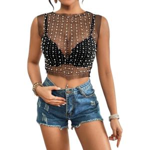 imageBsubseach Sexy Womens Sheer Mesh Pearl Rhinestone Cover Up Top Beach Swimwear Bikini Bathing Suit CoverupsBlack