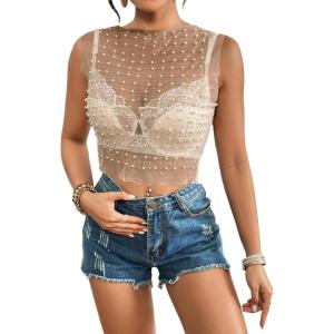 imageBsubseach Sexy Womens Sheer Mesh Pearl Rhinestone Cover Up Top Beach Swimwear Bikini Bathing Suit CoverupsWhite