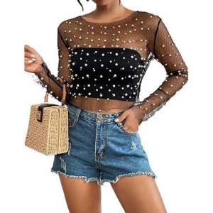 imageBsubseach Sheer Swimsuit Coverup for Women Long Sleeve Pearl Cover up Dress Mesh See Through Crop Blouse ShirtBlack