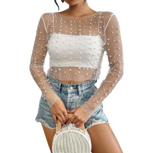 imageBsubseach Sheer Swimsuit Coverup for Women Long Sleeve Pearl Cover up Dress Mesh See Through Crop Blouse ShirtWhite