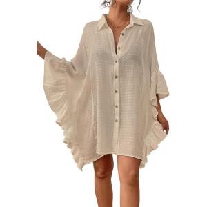 imageBsubseach Women Swimsuit Cover Up Blouse 2025 Button Down Bathing Suit Cover Ups for Swimwear Bikini Beach Shirt Dress TopsApricot