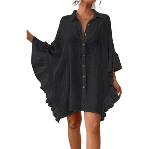 imageBsubseach Women Swimsuit Cover Up Blouse 2025 Button Down Bathing Suit Cover Ups for Swimwear Bikini Beach Shirt Dress TopsBlack